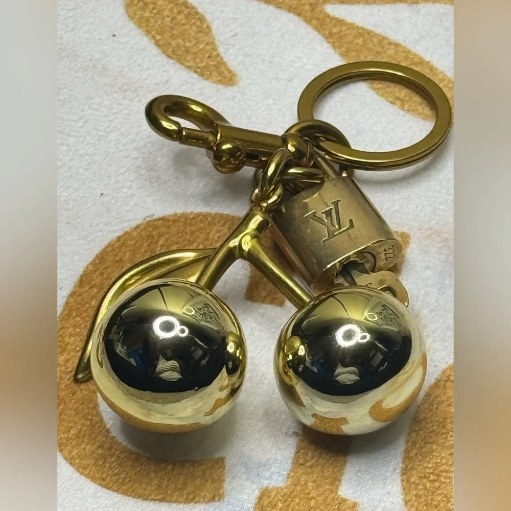 Louis Vuitton Authentic Padlock & Key with Gold Cherry Charm Keychain #322 - Picture 3 of 16